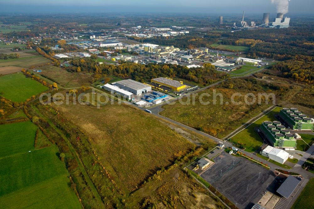 Hamm from the bird's eye view: Company grounds and facilities of Reiling Plastic Recycling, DHL cargo centre and Dupont works in the East of Hamm in the state of North Rhine-Westphalia