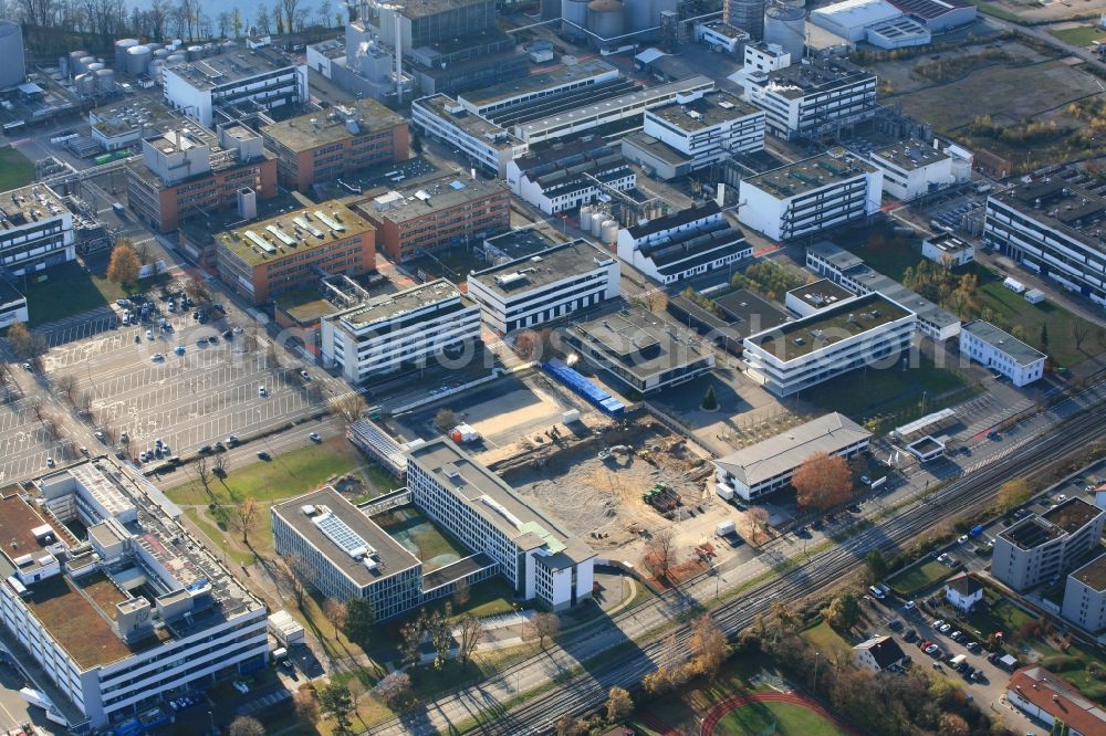 Grenzach-Wyhlen from above - Company grounds and facilities of Roche Pharma with construction site of the new FOB, Flexible Office Building, in Grenzach-Wyhlen in the state Baden-Wurttemberg, Germany