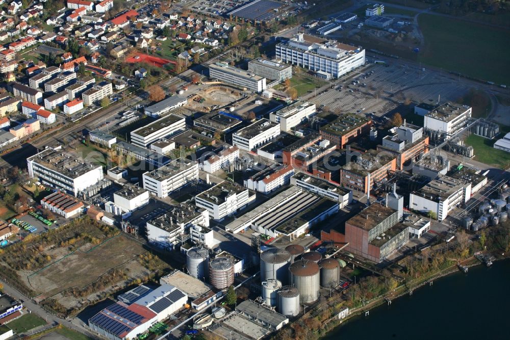 Aerial image Grenzach-Wyhlen - Company grounds and facilities of Roche Pharma with construction site of the new FOB, Flexible Office Building, in Grenzach-Wyhlen in the state Baden-Wurttemberg, Germany