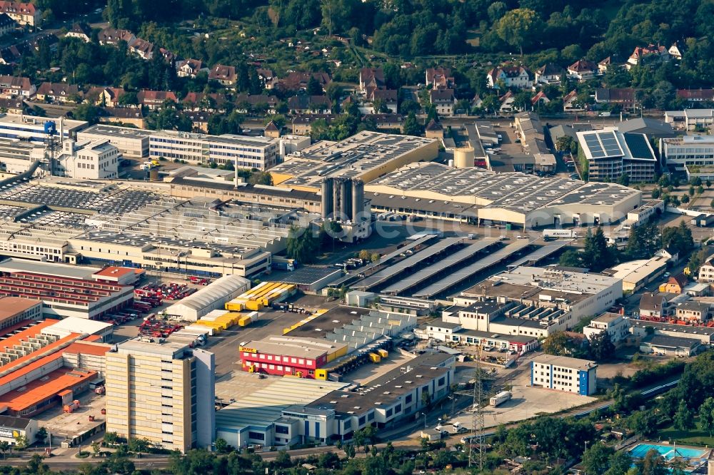 Karlsruhe from the bird's eye view: Company grounds and facilities of Rosenbauer Karlsruhe GmbH & Co. KG and umliegendes Gewerbe in Karlsruhe in the state Baden-Wurttemberg, Germany