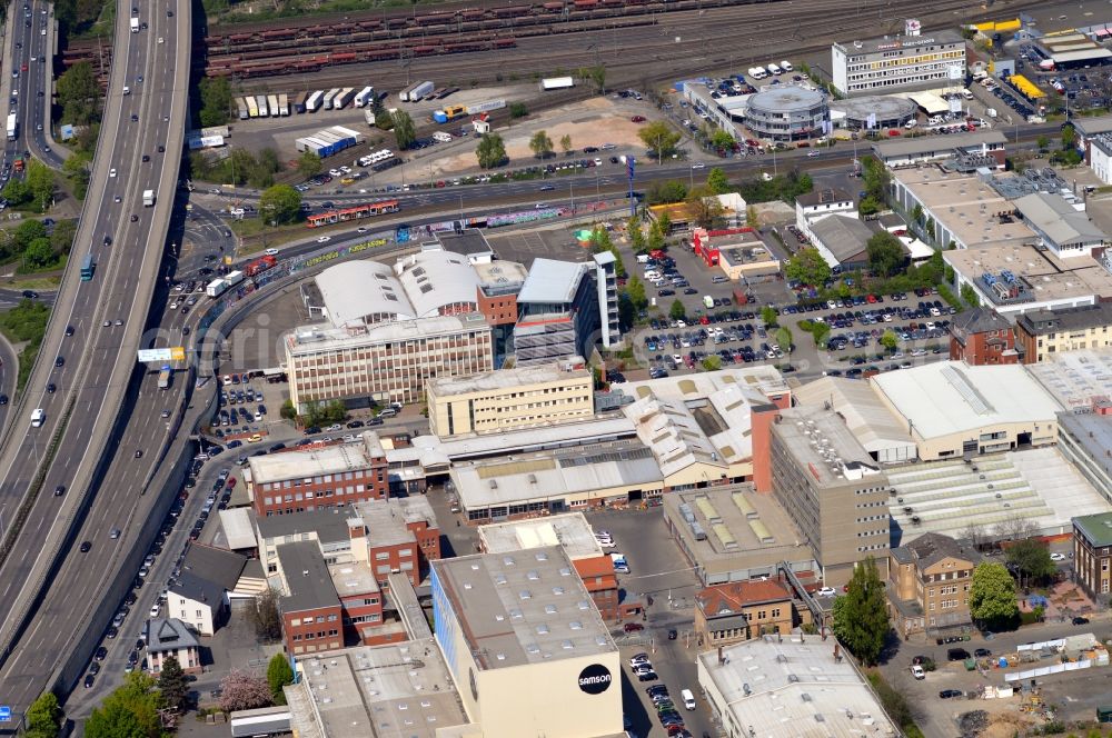 Frankfurt am Main from above - Company grounds and facilities of the Samson AG at Weismuellerstreet in the district Ostend in Frankfurt in the state Hesse