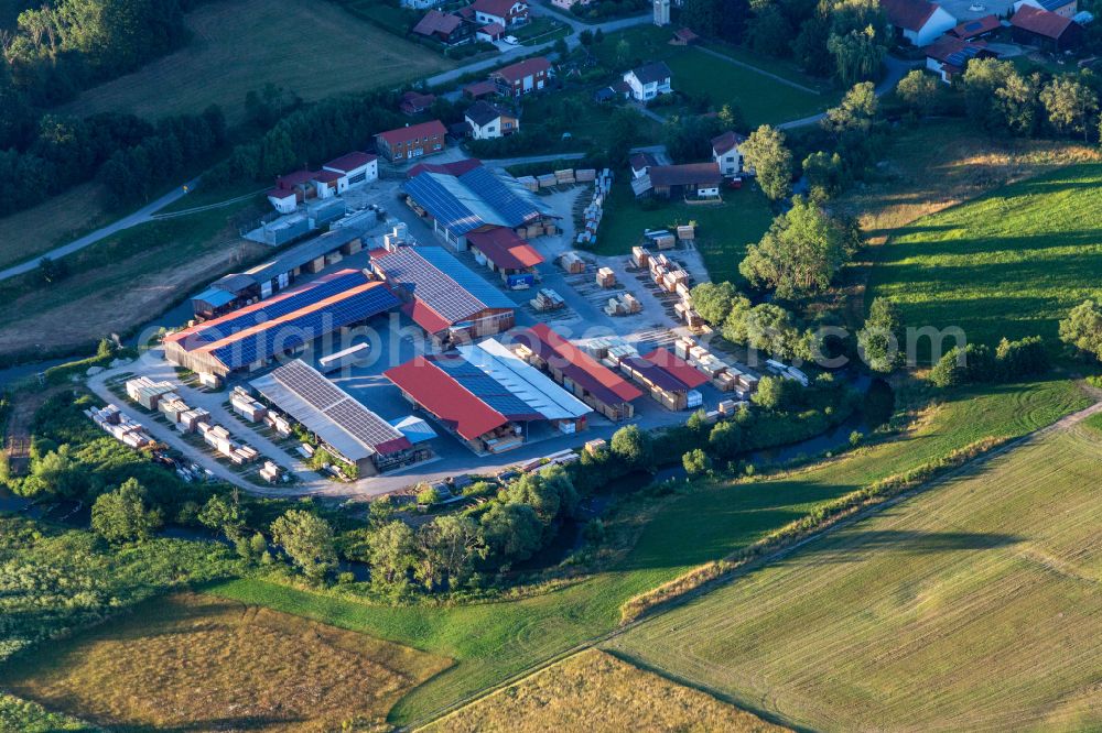 Roßbach from the bird's eye view: Company grounds and facilities of sawing mill on street Saegewerkstrasse in Rossbach in the state Bavaria, Germany