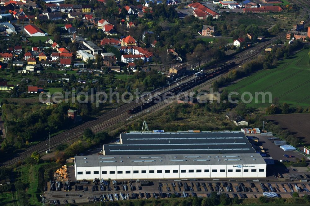 Könnern from above - Premises of the steel profile manufacturer SOSTA Stainless GmbH at the Wind Rose in Koennern in Saxony-Anhalt