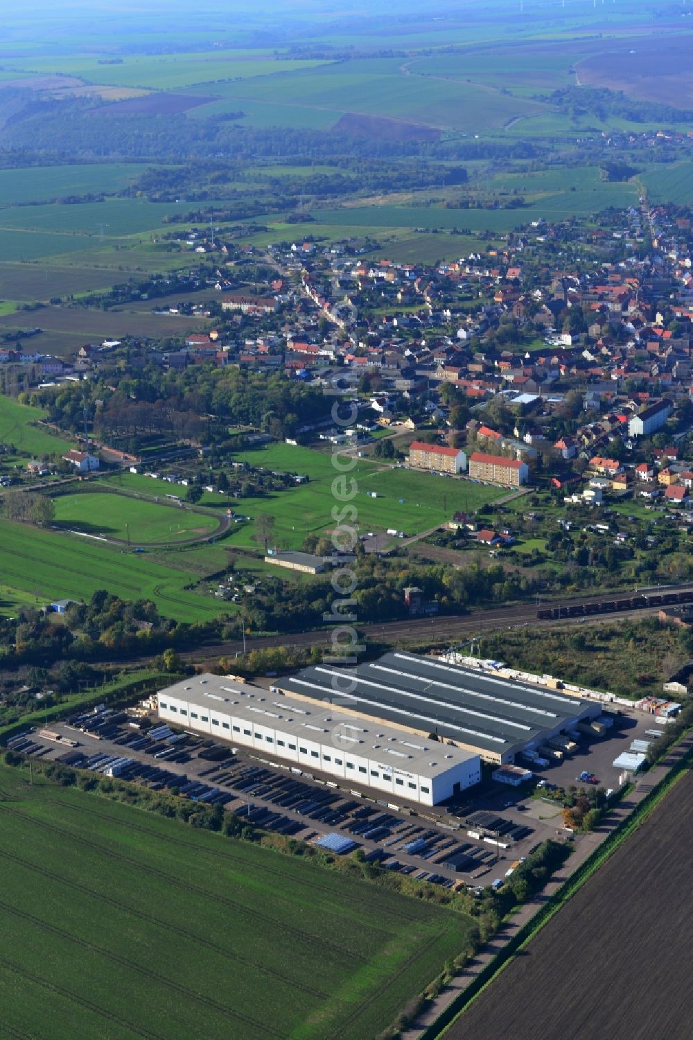 Könnern from above - Premises of the steel profile manufacturer SOSTA Stainless GmbH at the Wind Rose in Koennern in Saxony-Anhalt