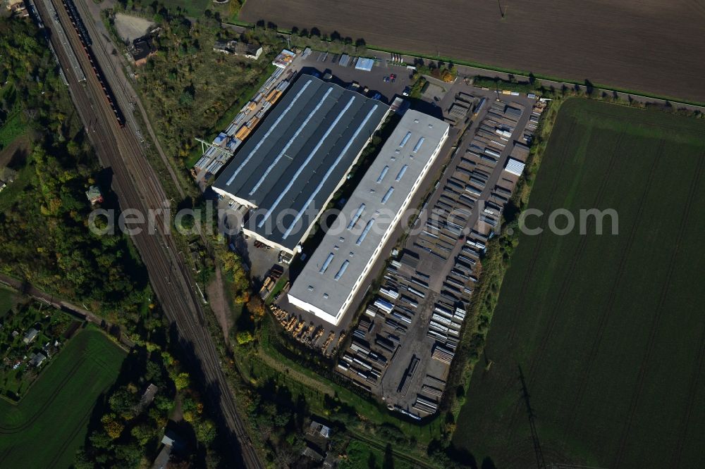 Könnern from above - Premises of the steel profile manufacturer SOSTA Stainless GmbH at the Wind Rose in Koennern in Saxony-Anhalt