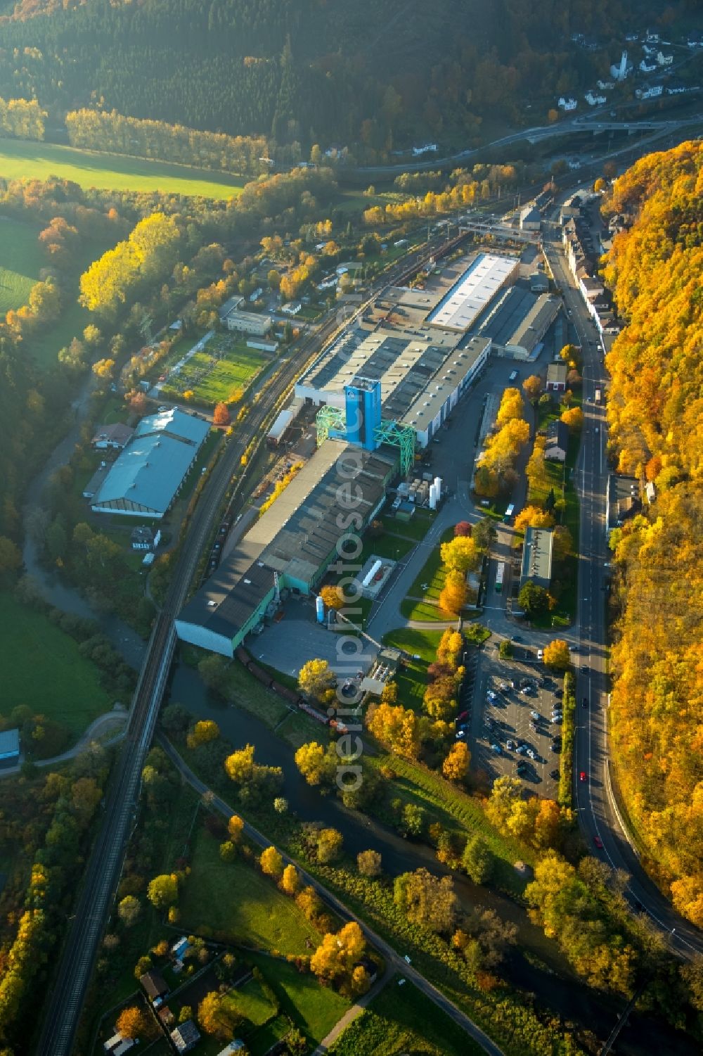 Finnentrop from the bird's eye view: Company grounds and facilities of the ThyssenKrupp Steel AG works in the South of autumnal Finnentrop in the state of North Rhine-Westphalia