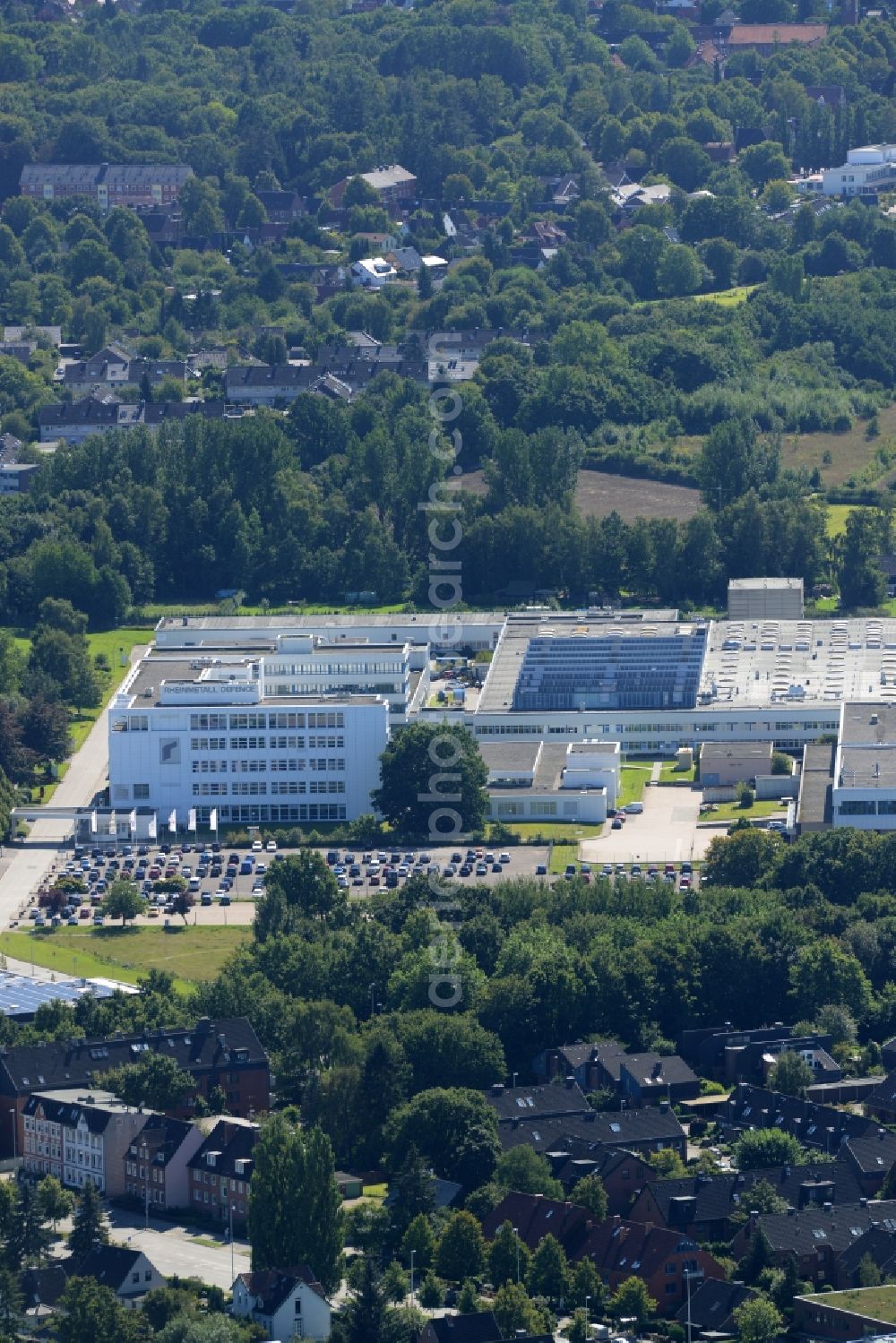 Aerial image Kiel - Company building complex of Rheinmetall Defecen in Kiel in the state of Schleswig-Holstein. The complex and compound includes facilities and departments of Rheinmetall Defence