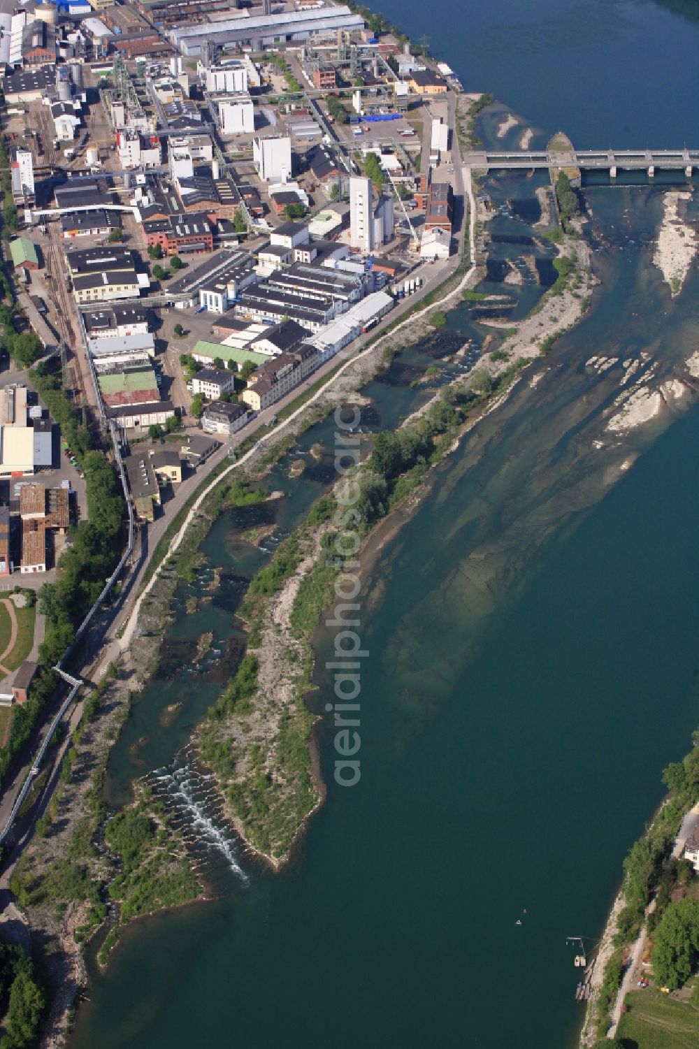 Rheinfelden (Baden) from above - Fish pass and dam of the hydroelectric power plant in Rheinfelden (Baden) in the state Baden-Wuerttemberg, Germany