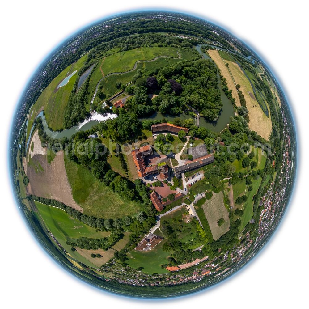 Hamm from the bird's eye view: Fisheye overview from youth hostel Chateau Heessen on the riverbank of the river Lippe in Hamm in the state North Rhine-Westphalia