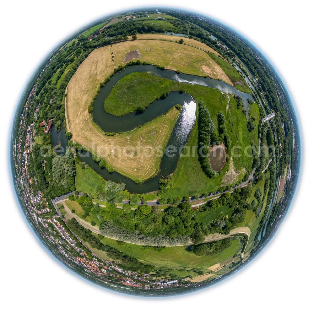 Aerial photograph Hamm - Fisheye overview from curved loop of the riparian zones on the course of the river Muehlengraben in Hamm in the state North Rhine-Westphalia