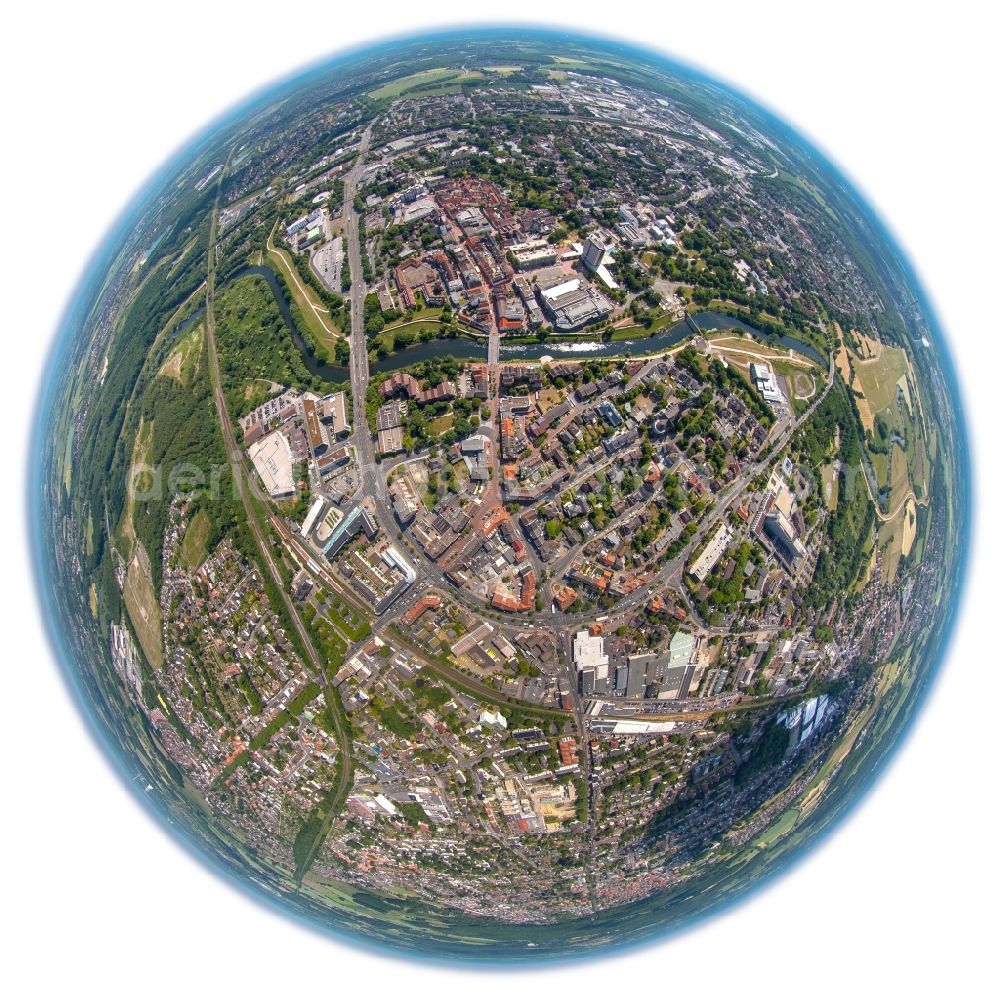 Lünen from above - Fisheye overview from the center in Luenen in the state North Rhine-Westphalia