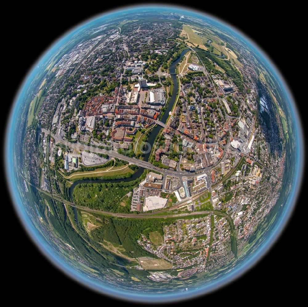 Lünen from the bird's eye view: Fisheye overview from the center in Luenen in the state North Rhine-Westphalia