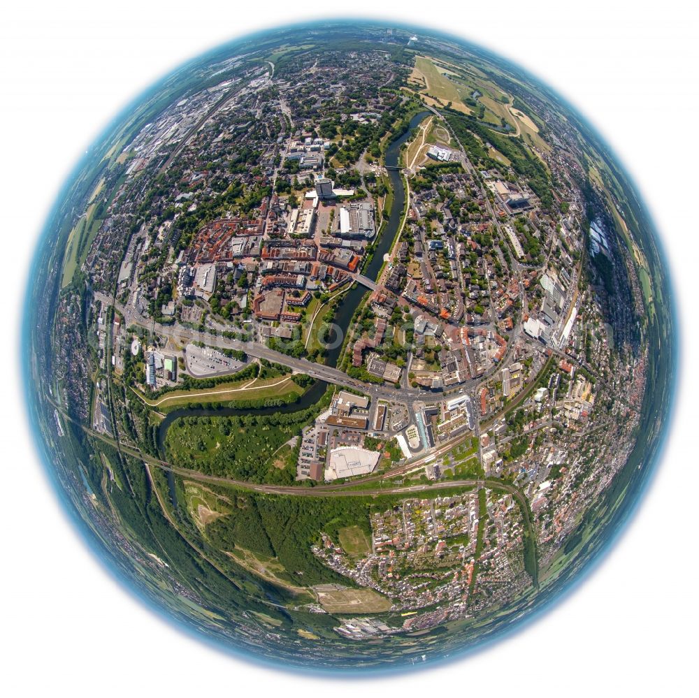 Lünen from above - Fisheye overview from the center in Luenen in the state North Rhine-Westphalia