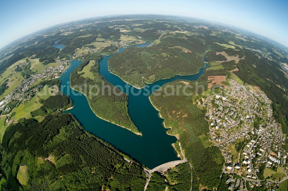 Gummersbach from the bird's eye view: Fisheye view of the Aggertalsperre in Gummersbach in the state of North Rhine-Westphalia