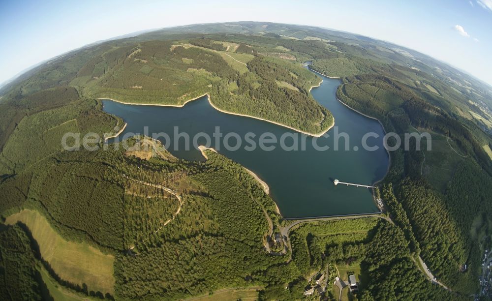 Dorsten from the bird's eye view: Fisheye view of the barrier lake Obernau in Netphen in the state of North Rhine-Westphalia