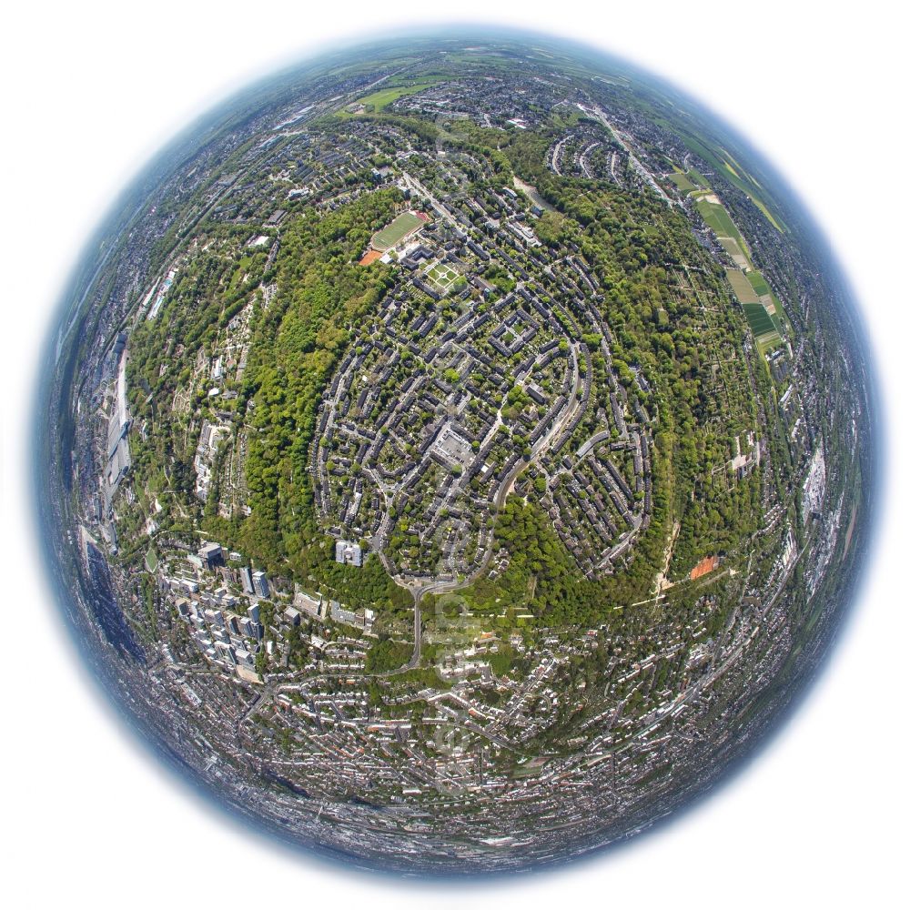 Essen from above - Fisheye view of the housing estate Margarethenhoehe in Essen in the state of North Rhine-Westphalia