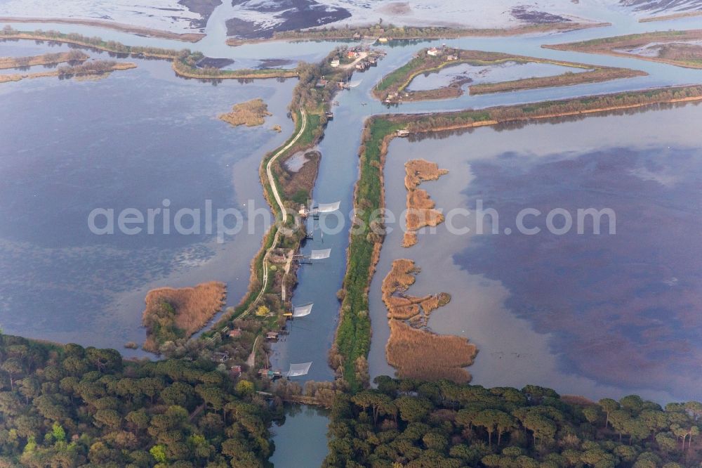 Aerial image Marina di Ravenna - Water surface at the seaside mole of in Marina di Ravenna in Emilia-Romagna, Italy