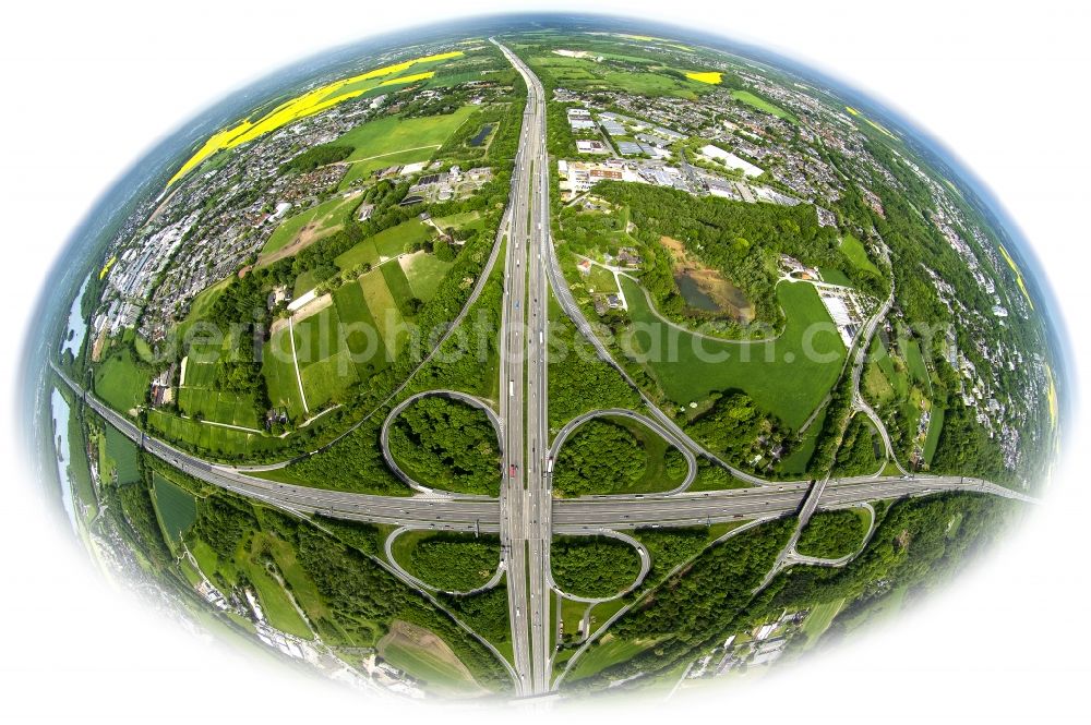 Aerial photograph Hilden - Fish- eye view of Traffic flow at the intersection- motorway BAB A46 - A3 - E35 in Hilden in the state North Rhine-Westphalia