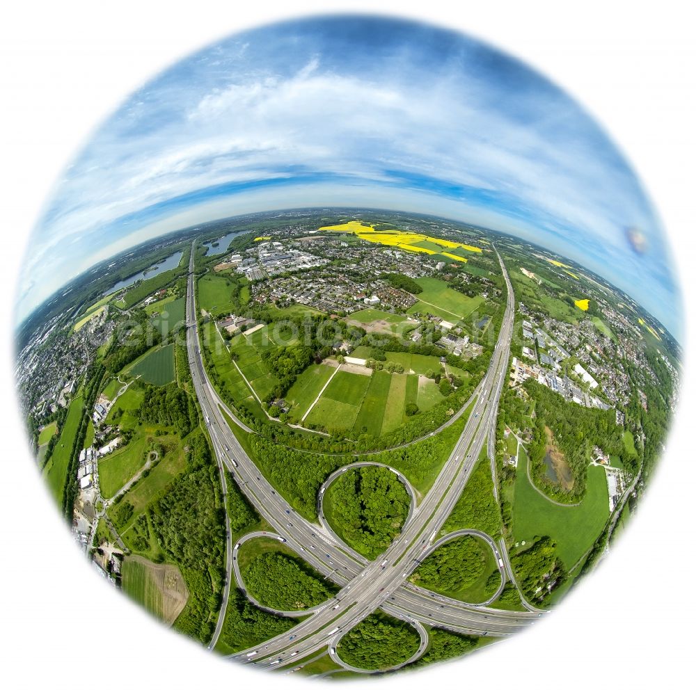 Aerial image Hilden - Fish- eye view of Traffic flow at the intersection- motorway BAB A46 - A3 - E35 in Hilden in the state North Rhine-Westphalia