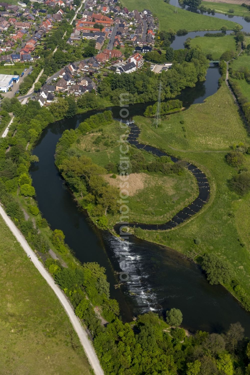 Werne from above - Fish ladder in the course of the river of the lip at the weir in Werne in the Ruhr area in North Rhine-Westphalia