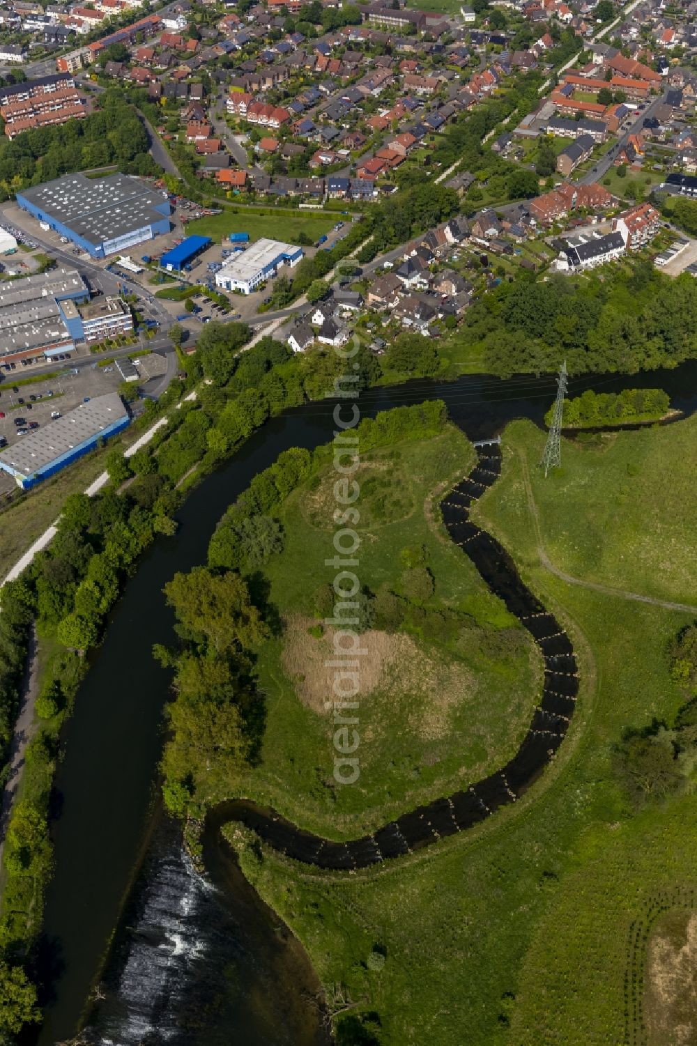 Werne from the bird's eye view: Fish ladder in the course of the river of the lip at the weir in Werne in the Ruhr area in North Rhine-Westphalia