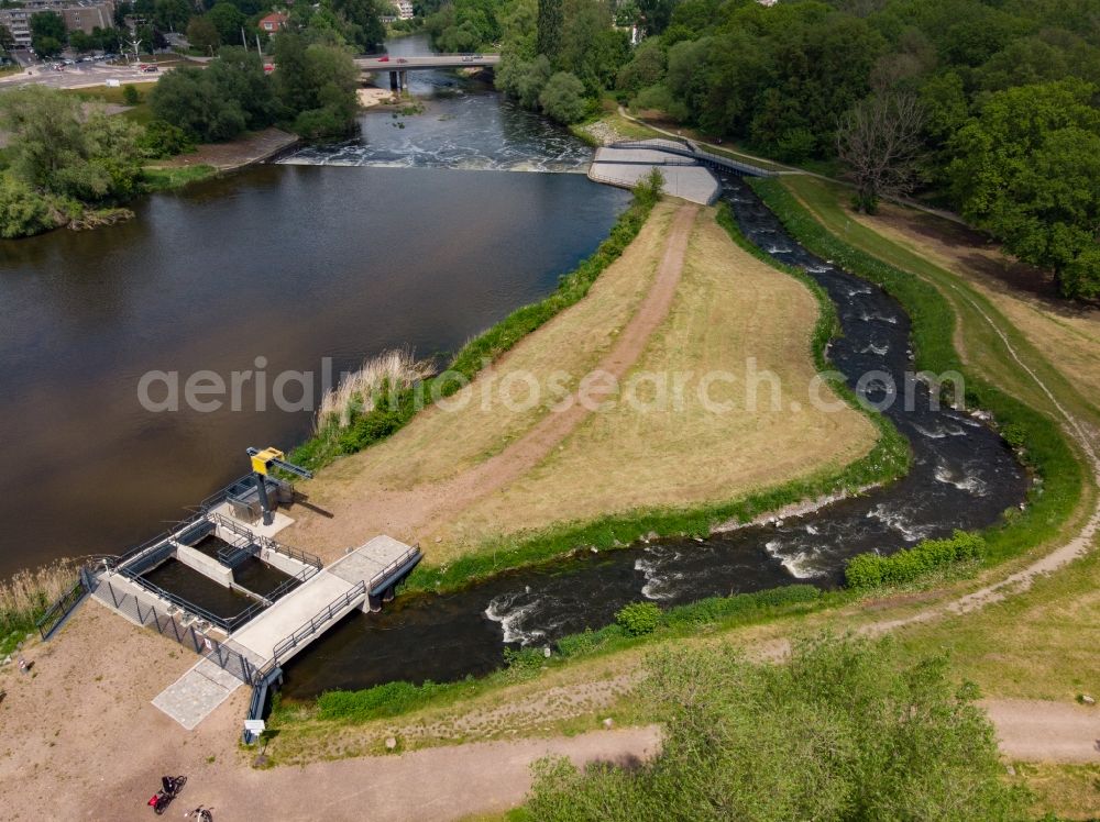 Dessau from above - Fish ladder and barrage on the bank of the river course of the Mulde in Dessau in the state Saxony-Anhalt, Germany