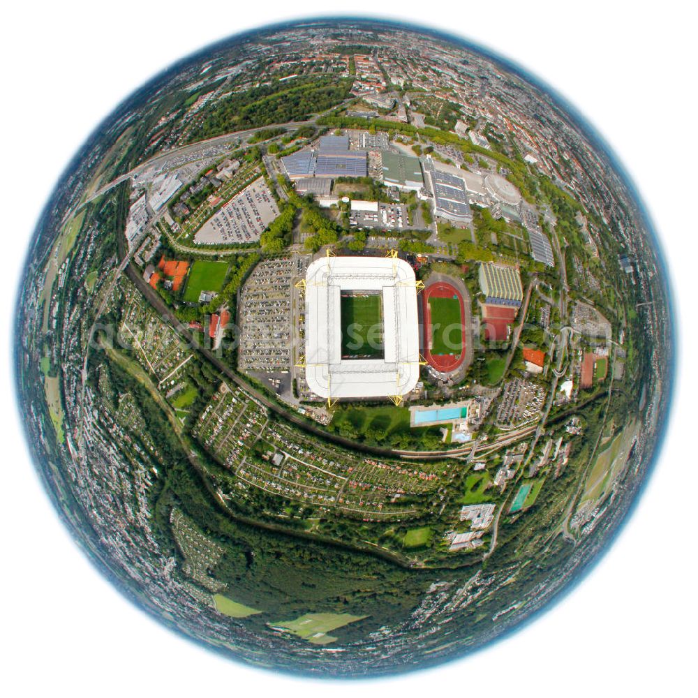 Aerial photograph Dortmund - Fish Eye Blick vom Gelände des Borusseum , dem Stadion Signal Iduna Park anläßlich des Spiels BVB gegen Hertha BSC . Reception / championship celebration for the football team of Borussia Dortmund on Borusseum, the Signal Iduna Park Stadium.