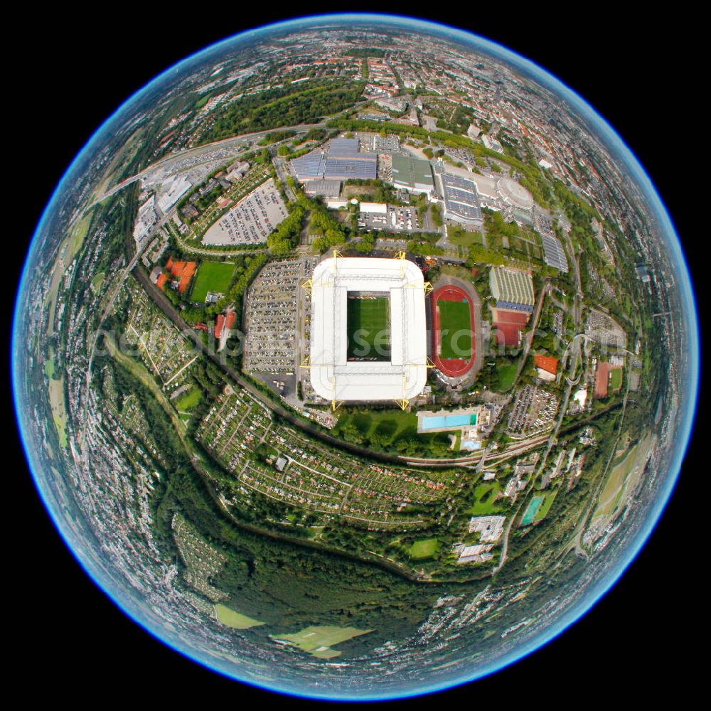 Dortmund from above - Fish Eye Blick vom Gelände des Borusseum , dem Stadion Signal Iduna Park anläßlich des Spiels BVB gegen Hertha BSC . Reception / championship celebration for the football team of Borussia Dortmund on Borusseum, the Signal Iduna Park Stadium.