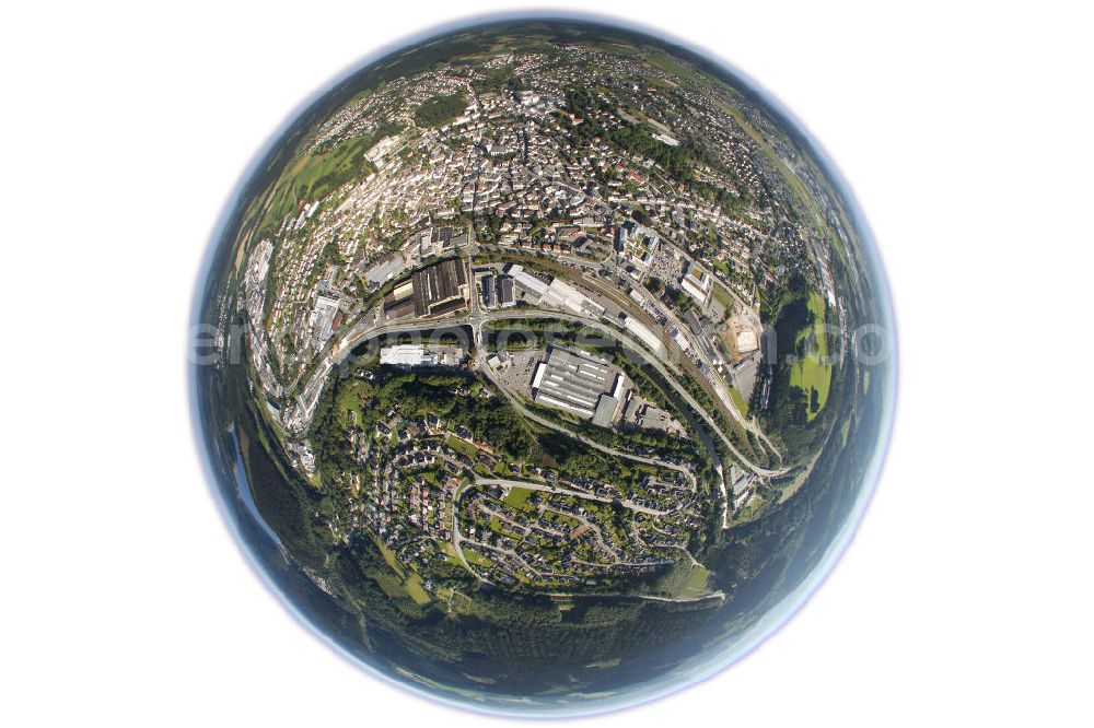 Aerial photograph Attendorn - Fish Eye- Stadtansicht vom Stadtzentrum Attendorn in Nordrhein-Westfalen. City view from the city center Attendorn in North Rhine-Westphalia