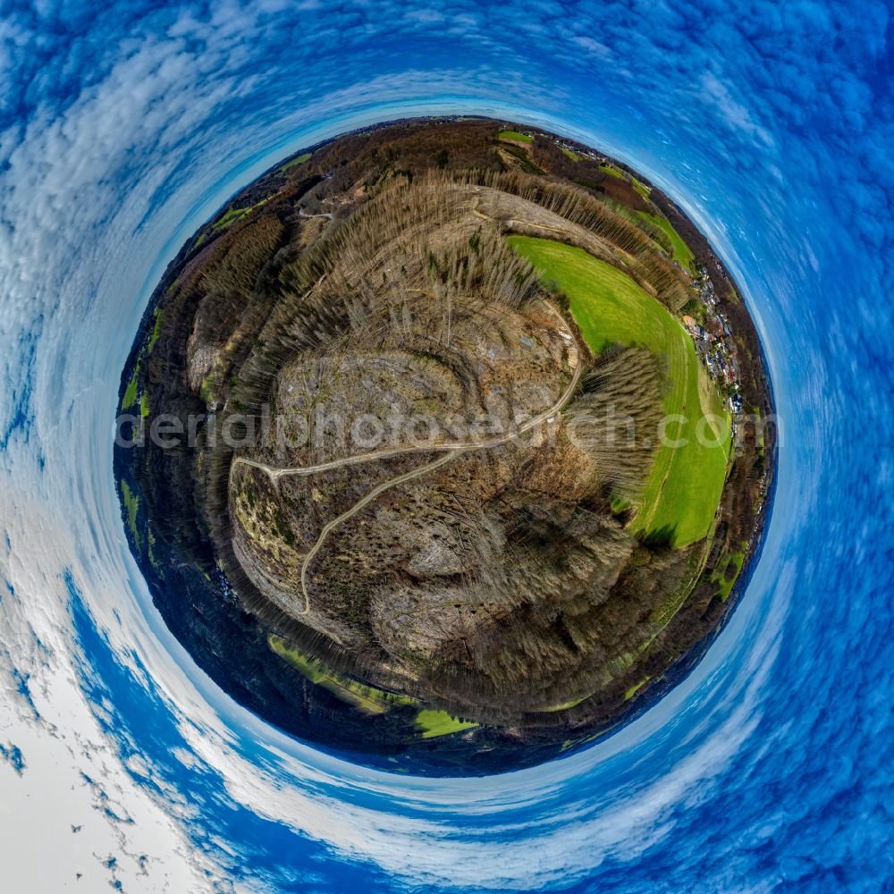 Unterbörsch from the bird's eye view: Fisheye perspective tree dying and forest dying with skeletons of dead trees in the remnants of a forest area in Unterboersch in the state North Rhine-Westphalia, Germany