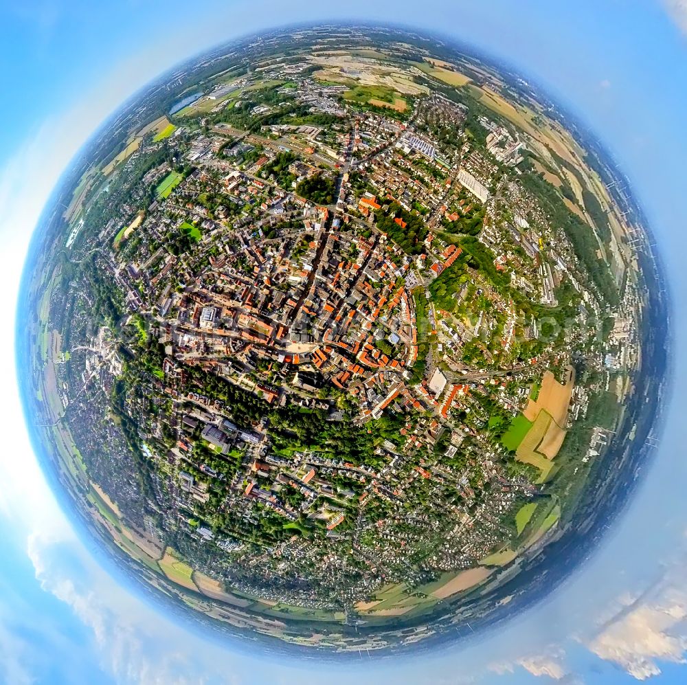 Beckum from above - Fisheye perspective old Town area and city center in Beckum in the state North Rhine-Westphalia, Germany