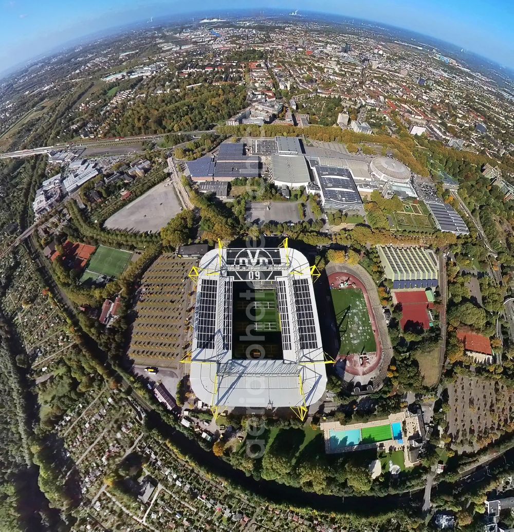 Dortmund from the bird's eye view: Fisheye perspective bundesliga stadium and sports facility grounds of the arena of BVB - Stadium Signal Iduna Park of the Bundesliga in Dortmund at Ruhrgebiet in the state of North Rhine-Westphalia