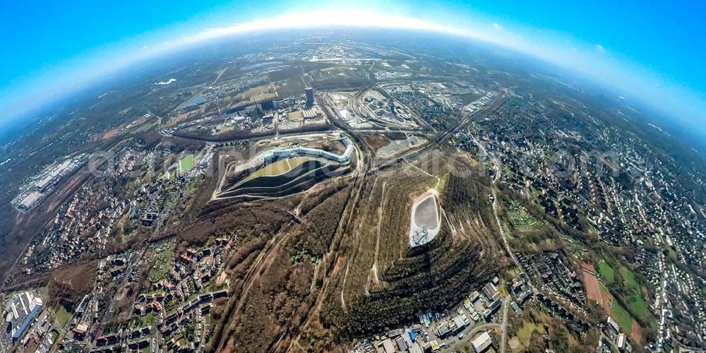 Aerial photograph Bottrop - Fisheye perspective observation tower tetrahedron in the heap at Beckstrasse in Bottrop at Ruhrgebiet in the state of North Rhine-Westphalia