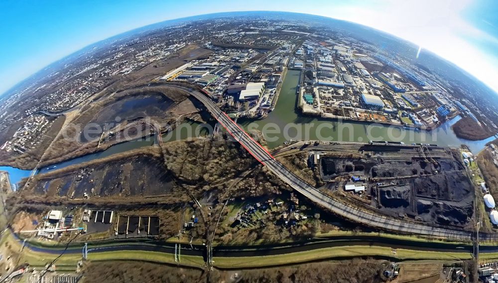 Bottrop from above - Fisheye perspective highway bridge construction of the motorway A 42 over the Rhine-Herne canal in Bottrop in North Rhine-Westphalia