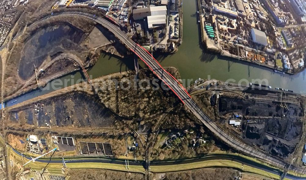 Bottrop from above - Fisheye perspective highway bridge construction of the motorway A 42 over the Rhine-Herne canal in Bottrop in North Rhine-Westphalia