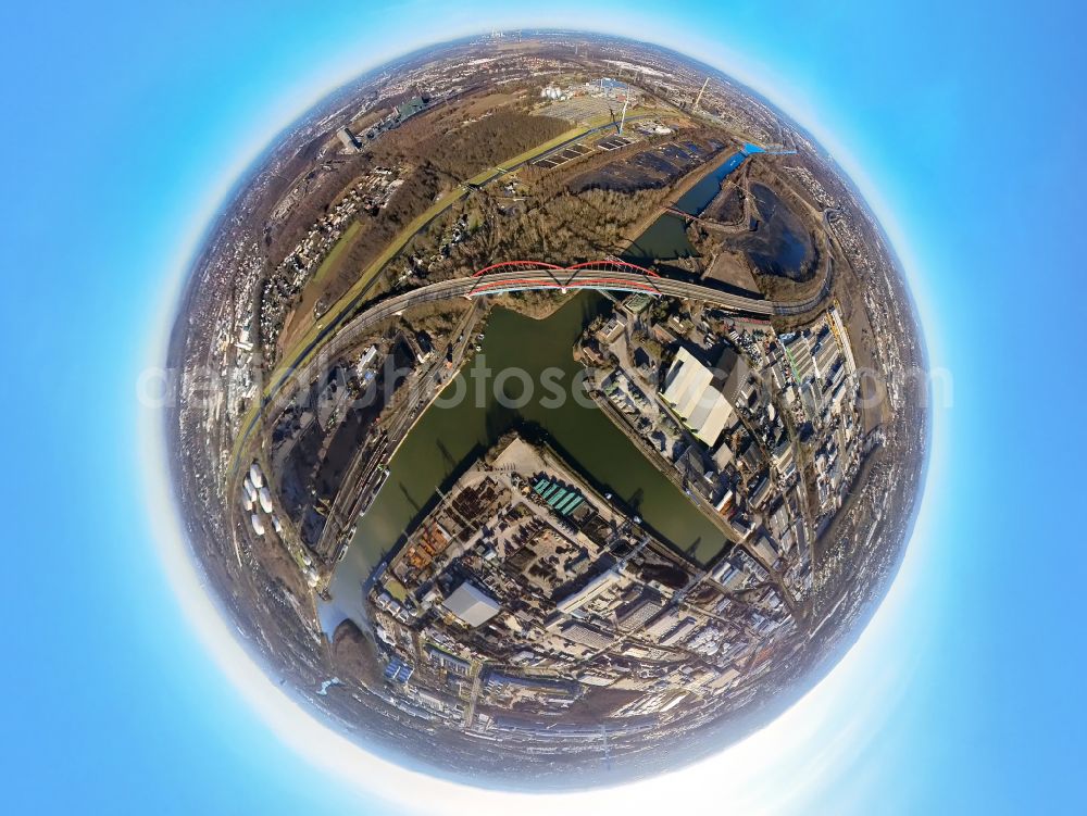 Bottrop from the bird's eye view: Fisheye perspective highway bridge construction of the motorway A 42 over the Rhine-Herne canal in Bottrop in North Rhine-Westphalia