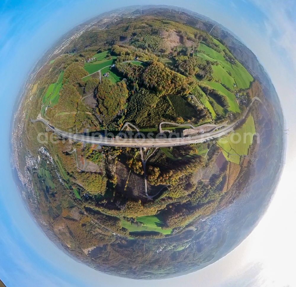 Aerial photograph Nahmer - Fisheye perspective routing and lanes in the course of the motorway bridge of the BAB A 45 Kattenohl near Nahmer in the state of North Rhine-Westphalia, Germany