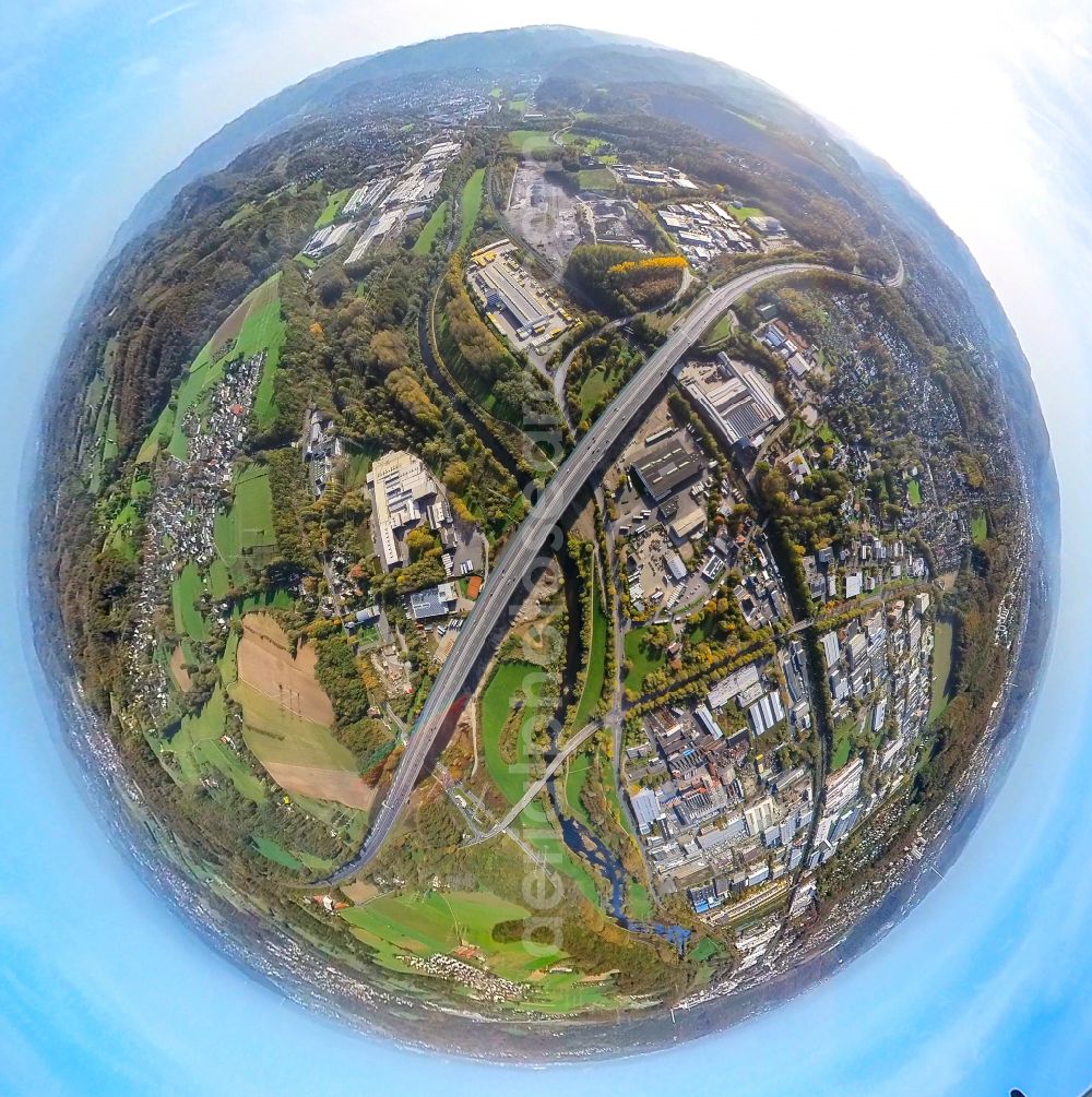 Hagen from the bird's eye view: Fisheye perspective routing and traffic lanes over the highway bridge in the motorway Lennetalbruecke of BAB A 45 in Hagen at Ruhrgebiet in the state North Rhine-Westphalia, Germany