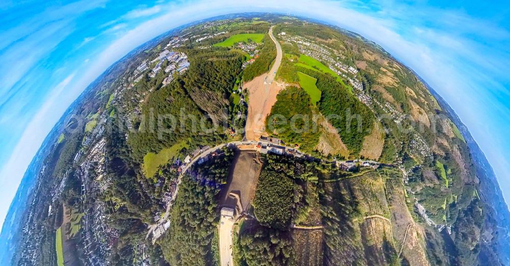 Aerial photograph Oberrahmede - Fisheye perspective highway route of the BAB AB A45 at the blown-up Talbruecke Rahmede near in Oberrahmede in the state North Rhine-Westphalia, Germany