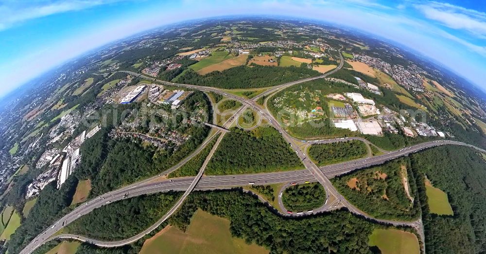 Stefansbecke from the bird's eye view: Fisheye perspective aK Wuppertal-Nord in Sprockhoevel in Ennepe-Ruhr-Kreis in North Rhine-Westfalen.Es joins the Federal Highway 1, with the Federal Highway 43 and the Federal Highway 46 and the road 326