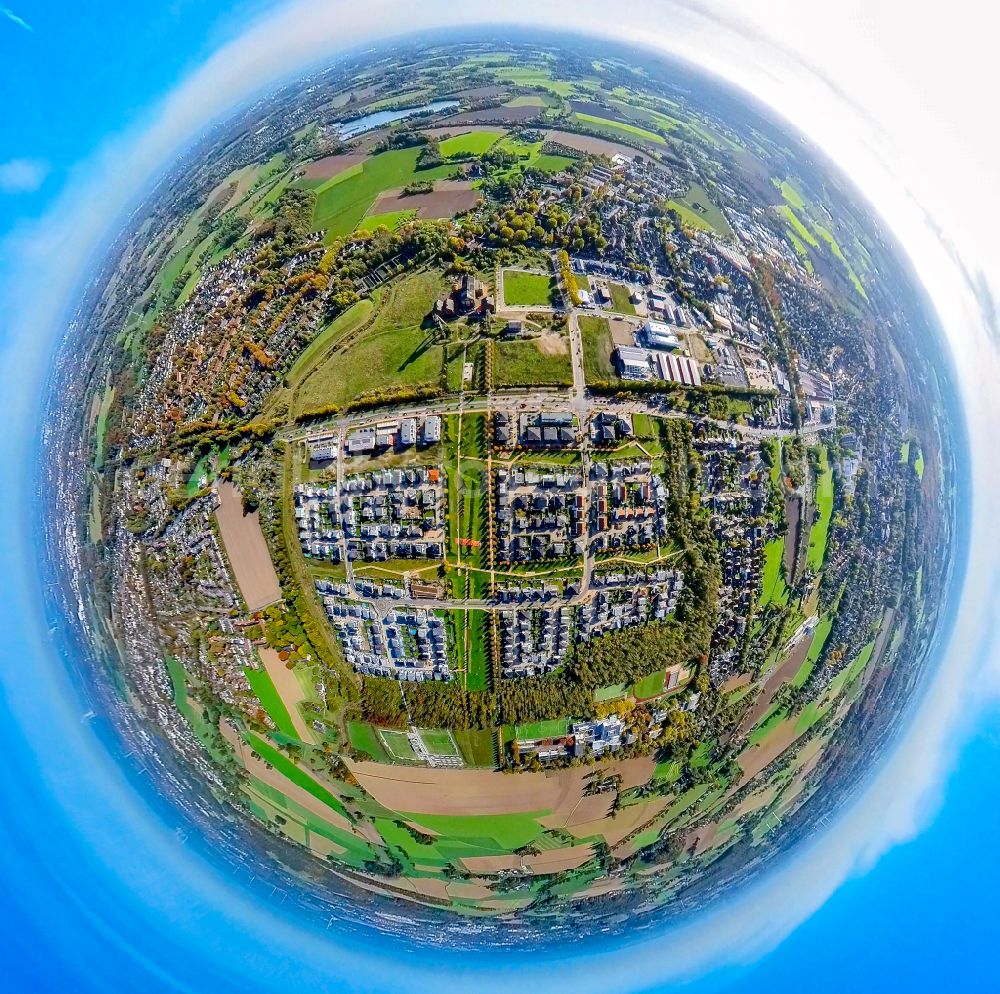 Neukirchen-Vluyn from above - Fisheye perspective construction site of a single-family residential area Dicksche Heide in Neukirchen-Vluyn in the state of North Rhine-Westphalia