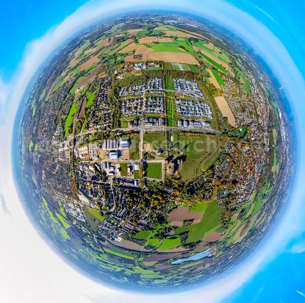 Neukirchen-Vluyn from the bird's eye view: Fisheye perspective construction site of a single-family residential area Dicksche Heide in Neukirchen-Vluyn in the state of North Rhine-Westphalia