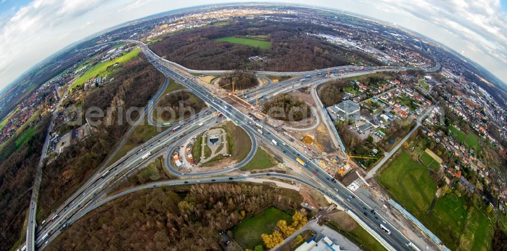 Aerial photograph Recklinghausen - Fisheye perspective construction to extend the traffic flow at the intersection- motorway A 2 - A43 in Recklinghausen in the state North Rhine-Westphalia, Germany