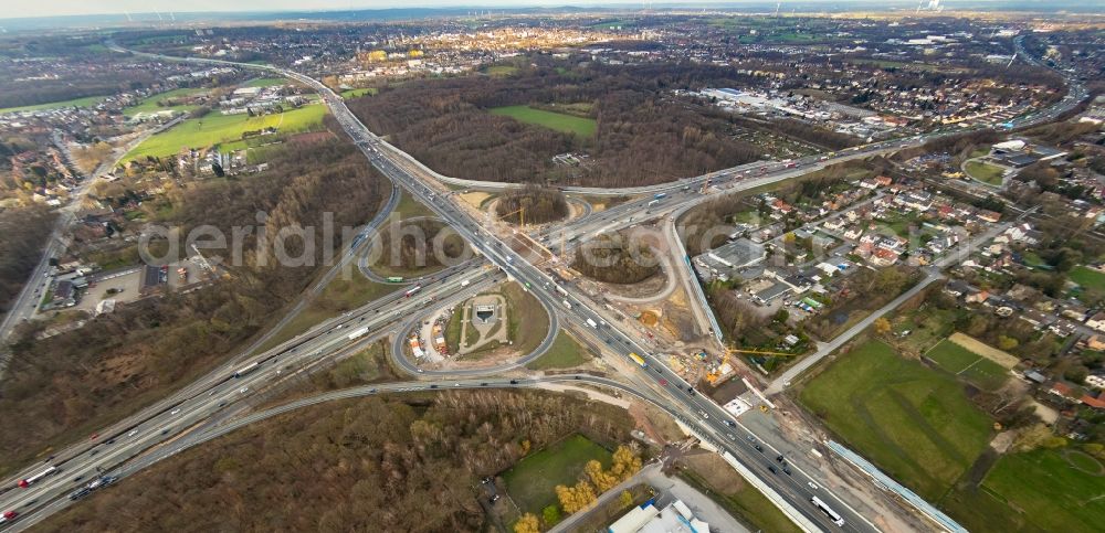 Recklinghausen from above - Fisheye perspective construction to extend the traffic flow at the intersection- motorway A 2 - A43 in Recklinghausen in the state North Rhine-Westphalia, Germany