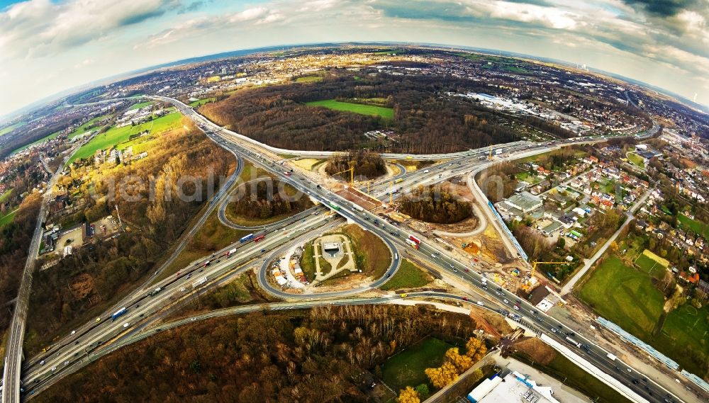 Recklinghausen from the bird's eye view: Fisheye perspective construction to extend the traffic flow at the intersection- motorway A 2 - A43 in Recklinghausen in the state North Rhine-Westphalia, Germany