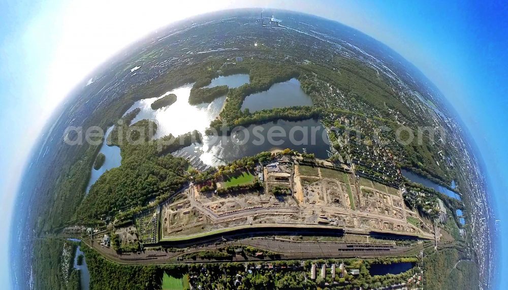 Duisburg from the bird's eye view: Fisheye perspective construction site for City Quarters Building 6 Seen Wedau - Wohnen am Wasser in the district Wedau in Duisburg at Ruhrgebiet in the state North Rhine-Westphalia, Germany