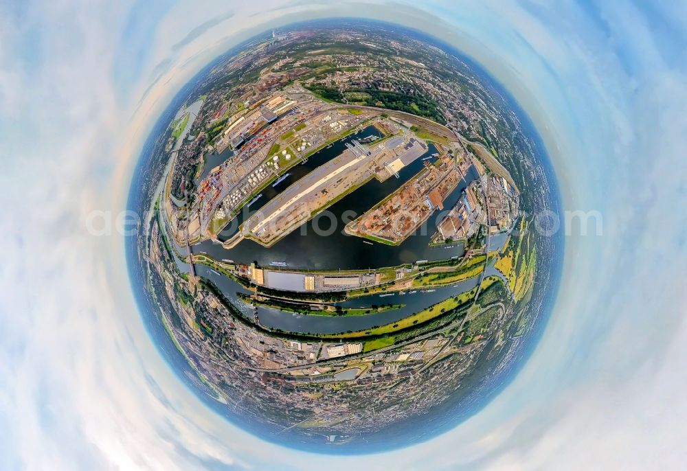 Aerial photograph Duisburg - Fisheye perspective quays and boat moorings at the port of the inland port on Ruhr in the district Ruhrort in Duisburg at Ruhrgebiet in the state North Rhine-Westphalia, Germany