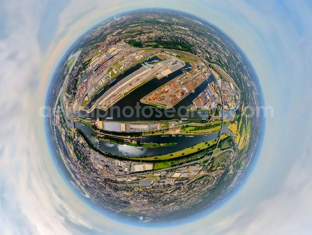 Duisburg from above - Fisheye perspective quays and boat moorings at the port of the inland port on Ruhr in the district Ruhrort in Duisburg at Ruhrgebiet in the state North Rhine-Westphalia, Germany