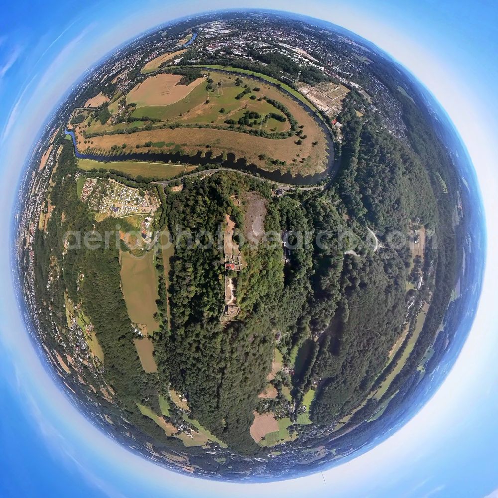 Hattingen from the bird's eye view: Fisheye perspective castle of the fortress Isenburg Am Isenberg in Hattingen at Ruhrgebiet in the state North Rhine-Westphalia, Germany
