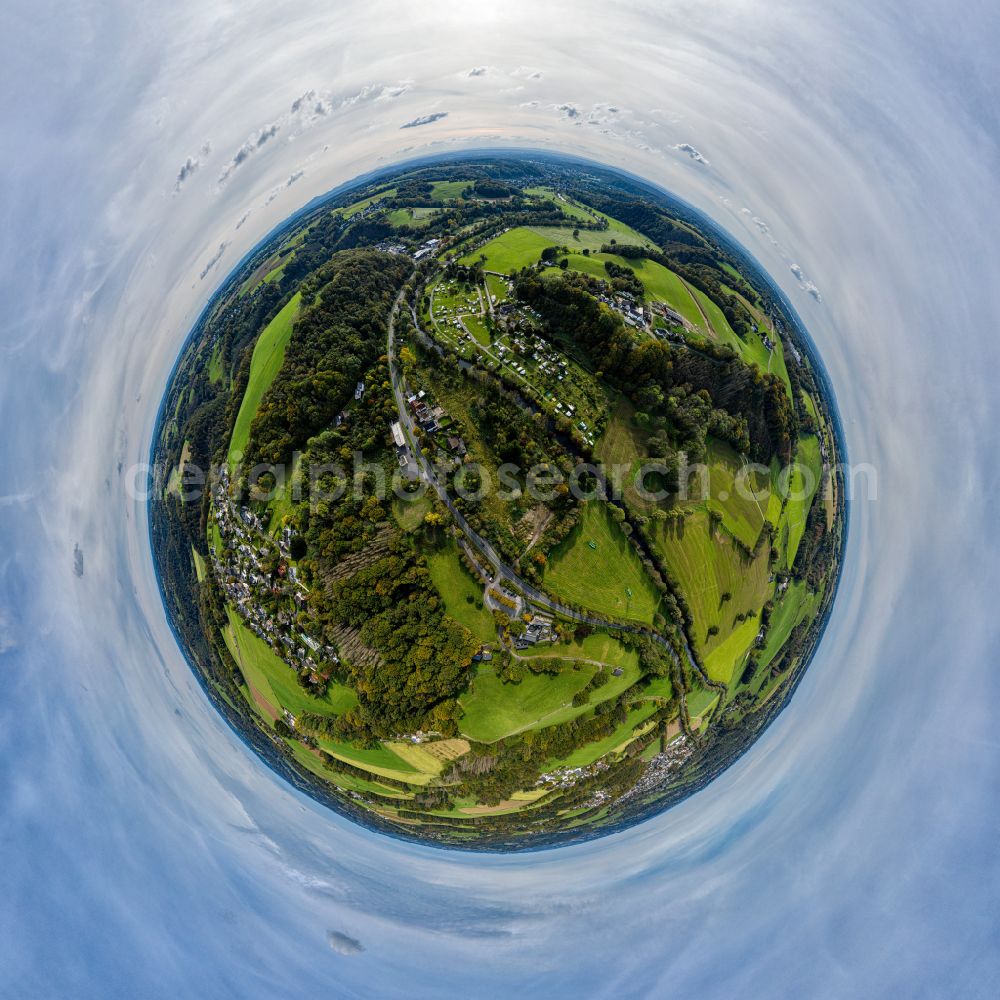 Aerial photograph Lohmar - Fisheye perspective campsite with caravans and tents in the river - bank area of Agger on street Hoengesberg in Lohmar in the state North Rhine-Westphalia, Germany